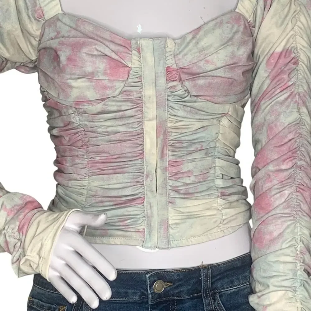 Free People All Night Corset Bustier Fitted Ruched Top Long Sleeve Size S